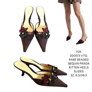 Y2K VINTAGE RARE PRADA JEWEL SEQUIN POINTED‎ TOE MULE KITTEN HEELS SZ. 6.5/36.5